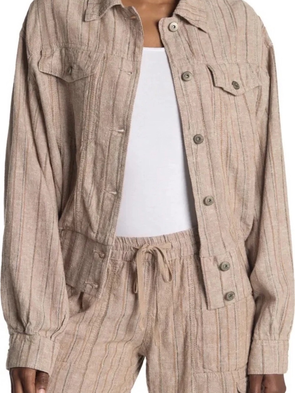 Women's Neutral Beige Striped Linen Blend Jacket